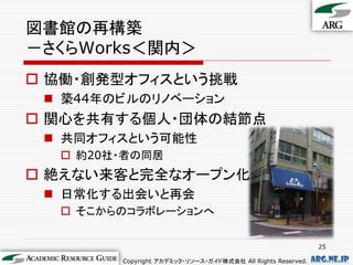 図書館の再構築
－さくらWorks＜関内＞
 協働・創発型オフィスという挑戦
  築44年のビルのリノベーション
 関心を共有する個人・団体の結節点
  共同オフィスという可能性
   約20社・者の同居
 絶えない来客と完全なオープン化
  日常化する出会いと再会
   そこからのコラボレーションへ


                                                              25

        Copyright アカデミック・リソース・ガイド株式会社 All Rights Reserved.   arg.ne.jp
 