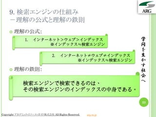9. 検索エンジンの仕組み
    －理解の公式と理解の鉄則
       理解の公式：
              1.   インターネット＞ウェブ＞インデックス                            学
                       ※インデックス≒検索エンジン                            問
                                                                 を
                                2.   インターネット≠ウェブ≠インデックス          生
                                          ※インデックス≒検索エンジン         か
                                                                 す
       理解の鉄則：                                                   社
                                                                 会
             検索エンジンで検索できるのは、                                     へ
             その検索エンジンのインデックスの中身である。

                                                                 23


Copyright アカデミック・リソース・ガイド株式会社 All Rights Reserved.   arg.ne.jp
 