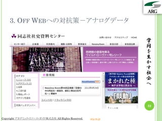 3. OFF WEBへの対抗策－アナログデータ

                                                                 学
                                                                 問
                                                                 を
                                                                 生
                                                                 か
                                                                 す
                                                                 社
                                                                 会
                                                                 へ



                                                                 32


Copyright アカデミック・リソース・ガイド株式会社 All Rights Reserved.   arg.ne.jp
 