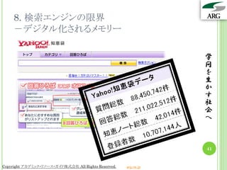 8. 検索エンジンの限界
    －デジタル化されるメモリー

                                                                 学
                                                                 問
                                                                 を
                                                                 生
                                                                 か
                                                                 す
                                                                 社
                                                                 会
                                                                 へ



                                                                 41


Copyright アカデミック・リソース・ガイド株式会社 All Rights Reserved.   arg.ne.jp
 