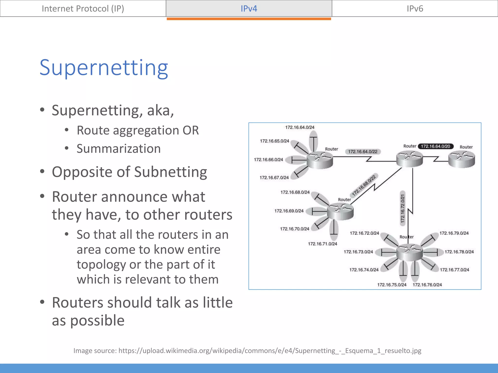 Supernetting
Internet Protocol (IP) IPv4 IPv6
• Supernetting, aka,
• Route aggregation OR
• Summarization
• Opposite of Subnetting
• Router announce what
they have, to other routers
• So that all the routers in an
area come to know entire
topology or the part of it
which is relevant to them
• Routers should talk as little
as possible
Image source: https://upload.wikimedia.org/wikipedia/commons/e/e4/Supernetting_-_Esquema_1_resuelto.jpg
 