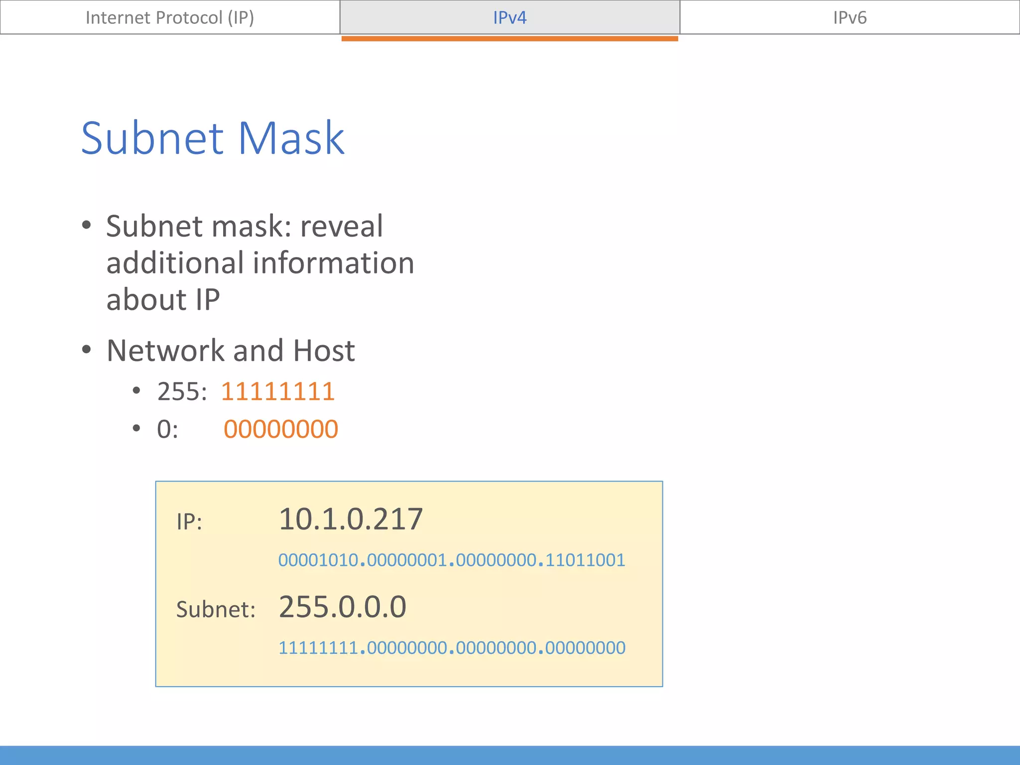 Subnet Mask
• Subnet mask: reveal
additional information
about IP
• Network and Host
• 255: 11111111
• 0: 00000000
Internet Protocol (IP) IPv4 IPv6
IP: 10.1.0.217
00001010.00000001.00000000.11011001
Subnet: 255.0.0.0
11111111.00000000.00000000.00000000
 