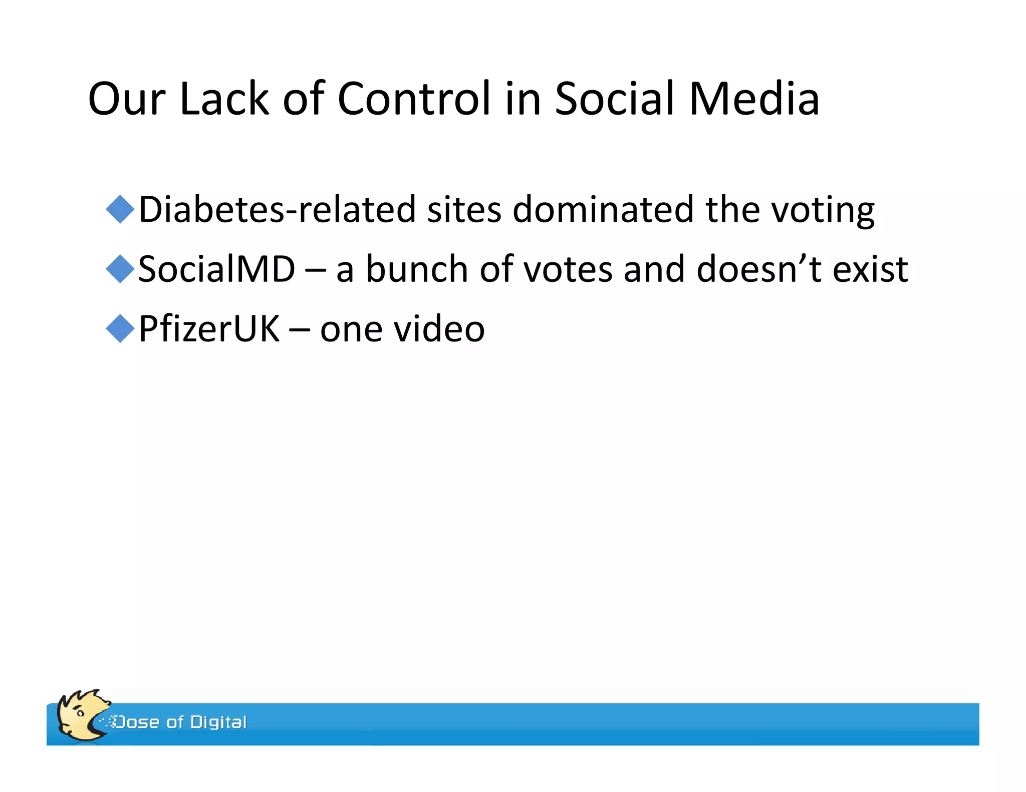 Our Lack of Control in Social Media

  Diabetes-related sites dominated the voting
  SocialMD – a bunch of votes and doesn’t exist
  PfizerUK – one video
 