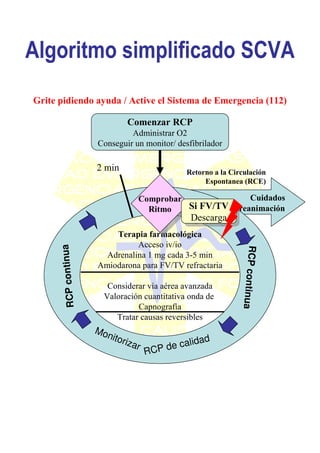 Algoritmo simplificado
Cuidados
Post-reanimación
Grite pidiendo ayuda / Active el Sistema de Emergencia (112)
Comenzar RCP
Administrar O2
Conseguir un monitor/ desfibrilador
Terapia farmacológica
Acceso iv/io
Adrenalina 1 mg cada 3-5 min
Amiodarona para FV/TV refractaria
Considerar vía aérea avanzada
Valoración cuantitativa onda de
Capnografía
Tratar causas reversibles
Comprobar
Ritmo
Comprobar
Ritmo Si FV/TV
Descarga
Si FV/TV
Descarga
2 min Retorno a la Circulación
Espontanea (RCE)
Monitorizar
RCP de calidad
RCPcontinua
RCPcontinua
Algoritmo simplificado SCVA
 