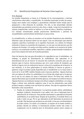 19
IV. Identificación bioquímica de bacterias Gram negativas.
IVA. Resumen
Las pruebas bioquímicas se basan en el fenotipo de los microorganismos y detectan
características observables y cuantificables. Se realizaba al principio en tubos de ensayo,
aunque estos medios eran complejos y generalmente utilizaban mucho tiempo para la
preparación y final obtención de resultados. Por ello, se han desarrollado métodos
automatizados que permitan un proceso más eficaz y rápido. Luego de la inoculación un
sistema computarizado, realiza un análisis en su base de datos e identifica al patógeno.
Los sistemas automatizados pueden proporcionar identificación y patrones de
susceptibilidad a antimicrobianos preliminares en pocas horas.
La serotipificación, se utiliza en ocasiones con las pruebas bioquímicas para identificar
diferentes cepas de bacterias dentro de una especie. Esta usa anticuerpos para detectar
antígenos específicos localizados en la superficie bacteriana. Los análisis de biología
molecular se basan en el genotipo del organismo y se cree que son más precisos que los
exámenes de fenotipo. Los ensayos de ácido nucleico, basados en la secuencia de ácidos
nucleicos, son sumamente sensibles, específicos y rápidos, proporcionando resultados en
pocas horas después del inicio de la prueba genotipica.
Entre las bacterias hay una gran diversidad en la capacidad de usar el carbohidrato, sin
embargo, la prueba de determinación de carbohidratos más importante es la
determinación del uso de lactosa. Se necesitan dos moléculas esenciales para que una
bacteria capte la lactosa: lactosa permeasa que sirve como enzima de transporte que
facilita el ingreso de la la molécula de lactosa a través de la membrana de la bacteria; la
otra molécula, es la beta galactosidasa la enzima hidroliza la lactosa en glucosa y
galactosa, luego la primera queda disponible para el metabolismo en su mayor parte a
través de la vía de EMP, también llamada como el proceso glicólisis. Algunas bacterias
solo son capaces de utilizar los carbohidratos en su forma más simple que es la glucosa,
por lo que no son capaces de atacar el disacárido lactosa. De forma muy similar las
especies bacterianas que no pueden fermentar glucosa, son incapaces de utilizar la lactosa.
Algunas bacterias son totalmente incapaces de utilizar cualquier carbohidrato; en su lugar,
llegan a utilizar otras moléculas orgánicas como lo son los aminoácidos, para poder
producir energía y también como una fuente de carbono. Este tipo de organismos fueron
bautizados como asacarolíticos.
 Pruebas de oxidación-fermentación: Las bacterias pueden utilizar carbohidratos
mediante oxidación, fermentación o por ambas vías, esta es importante para la
identificación de la bacteria. Estas pruebas determinan la capacidad de fermentar
carbohidratos en un medio basal. Después de la glicólisis, el resultado final es un
ácido o ácido con gas. Por lo que indicadores de pH determinan la presencia de
un ácido. Hay bacterias que producen un solo ácido y orras que son fermentadores
de ácidos mixtos. En cuanto a la oxidación, se requiere de un medio aeróbico y
produce dióxido de carbono; la fermentación produce mucha más acidez en
comparación con la oxidación pero la fermentación genera menos energía en
 