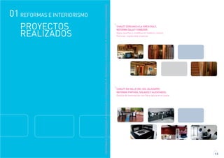 CHALET CERCANO A LA FINCA GOLF.
REFORMA SALA Y COMEDOR.
Vigas, puertas y muebles en madera rústica.
Pinturas: espatulado especial.
1.5
PROYECTOS
REALIZADOS
CHALET EN VALLE DEL SOL (ALICANTE).
REFORMA PINTURA, SOLADOS Y ALICATADOS.
Detalle de iluminación con fibra óptica en el suelo.
REFORMASEINTERIORISMOREFORMASEINTERIORISMOREFORMASEINTERIORISMOREFORMASEINTERIORISMO
01 REFORMAS E INTERIORISMO
 