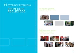 CHALET EN LA FINCA GOLF (ALICANTE).
AMPLIACIÓN PORCHE Y PRIMERA PLANTA.
Terminaciones en piedra.
1.6
EL PATIO.
REFORMA Y DECORACIÓN DEL LOCAL, ZONA
DE TRABAJO Y ZONA DE EXPOSICIÓN.
Puertas , armarios y detalle de madera.
REFORMASEINTERIORISMOREFORMASEINTERIORISMOREFORMASEINTERIORISMOREFORMASEINTERIORISMO
PROYECTOS
REALIZADOS
01 REFORMAS E INTERIORISMO
 