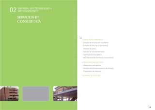 2.4
MEDIOAMBIENTEMEDIOAMBIENTEMEDIOAMBIENTEMEDIOAMBIENTEMEDIOAMBIENTEMEDIOAMBIENTEMEDIOAMBIENTE
CONSULTORÍA AMBIENTAL
- Estudio de orientación y sombras
- Estudio térmico de la envolvente
- Estudio Acústico
- Estudio de las instalaciones
- Certificación Energética
- DIC (Declaración de interes comunitario)
SERVICIOS DE
CONSULTORÍA
AUDITORÍAS ENERGÉTICAS
- Diagnóstico energético.
- Estudios de eficiencia yahorro de energía.
- Propuestas de mejoras.
SISTEMAS DE GESTIÓN
ENERGÍA, SOSTENIBILIDAD Y
MEDIOAMBIENTE02
 
