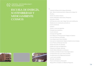 2.8
ESCUELA DE ENERGÍA,
SOSTENIBILIDAD Y
MEDIOAMBIENTE:
COSMOS
- Sistemas de Depuración de Aguas Residuales
- Aplic. Memb. Acondicionamiento y Depuración de Agua Ind.
- Residuos
- Gestión de residuos Urbanos
- Gestión de Residuos Industriales y Peligrosos
- Atmósfera y Ruidos
- HR Protección contra ruido. Código Técnico de la Edificación
- Modelación de contaminantes atmosféricos
- Acústica Ambiental
- Sanitaria
- Gestión y control de legionella
- Emergencias de bomberos
- Uso de extintores.
- Consejero de SeguriDAD
- Curso Básico en Prevención para Trabajos en Calderas
- Curso de Prevención de Riesgos
- Curso Operaciones Contra Incendios
- Curso para el mantenimiento Higiénico Sanitario de las Instalaci
- Curso Práctico de Rescate Industrial
- Equipos de Protección Individual
- Equipos de Proteccion Respiratoria
- Evaluación de Riesgos Laborales
- Gestión Medio Ambiental en la Empresa
- Jornada a la Introducción de la Toxicología Laboral
- Jornada Práctica de Lucha Contra Incendios
- Jornada Práctica en el Manejo de Extintores
- Lucha contra incendios
- Montador de Andamios .
- Planes de Emergencia y Evacuación
- RespuesTA en Incidentes con Materias Peligrosas
ENERGÍA, SOSTENIBILIDAD Y
MEDIOAMBIENTE02
 