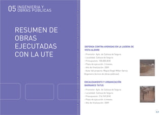 GENIERÍAINGENIERÍAINGENIERÍAINGENIERÍAINGENIERÍAINGENIERÍAINGENIERÍAINGENIERÍAINGENIERÍA
RESUMEN DE
OBRAS
EJECUTADAS
CON LA UTE
5.9
DEFENSA CONTRA AVENIDAS EN LA LADERA DE
VISTA ALEGRE
- Promotor: Ayto. de Callosa de Segura
- Localidad: Callosa de Segura
- Presupuesto: 100.000,00 €
- Plazo de ejecución: 3 meses.
- Año de finalización: 2009
- Autor del proyecto: Miguel Ángel Míller García
(Ingeniero técnico de obras públicas).
ENCAUZAMIENTO Y URBANIZACIÓN
BARRANCO TATUS
- Promotor: Ayto. de Callosa de Segura
- Localidad: Callosa de Segura
- Presupuesto: 216.769,00 €
- Plazo de ejecución: 6 meses.
- Año de finalización: 2009
INGENIERIA Y
OBRAS PÚBLICAS05
 