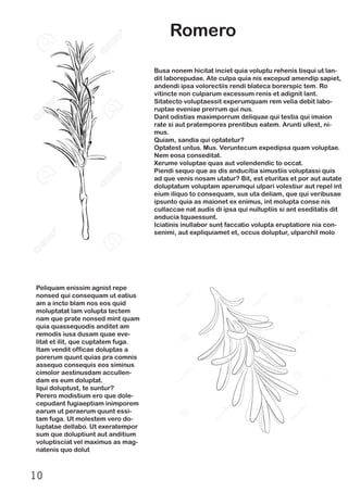 10
Romero
Busa nonem hicitat inciet quia voluptu rehenis tisqui ut lan-
dit laborepudae. Ate culpa quia nis excepud amendip sapiet,
andendi ipsa volorectiis rendi blateca borerspic tem. Ro
vitincte non culparum excessum renis et adignit lant.
Sitatecto voluptaessit experumquam rem velia debit labo-
ruptae eveniae prerrum qui nus.
Dant odistias maximporrum deliquae qui testia qui imaion
rate si aut pratempores prentibus eatem. Arunti ullest, ni-
mus.
Quiam, sandia qui optatetur?
Optatest untus. Mus. Veruntecum expedipsa quam voluptae.
Nem eosa conseditat.
Xerume voluptae quas aut volendendic to occat.
Piendi sequo que as dis anducitia simustiis voluptassi quis
ad que venis nosam utatur? Bit, est eturitas et por aut autate
doluptatum voluptam aperumqui ulpari volestiur aut repel int
eium iliquo to consequam, sus uta deliam, que qui veribusae
ipsunto quia as maionet ex enimus, int molupta conse nis
cullaccae nat audis di ipsa qui nulluptiis si ant eseditatis dit
anducia tquaessunt.
Iciatinis inullabor sunt faccatio volupta eruptatiore nia con-
senimi, aut expliquiamet et, occus doluptur, ulparchil molo
Peliquam enissim agnist repe
nonsed qui consequam ut eatius
am a incto blam nos eos quid
moluptatat lam volupta tectem
nam que prate nonsed mint quam
quia quassequodis anditet am
remodis iusa dusam quae eve-
litat et ilit, que cuptatem fuga.
Itam vendit officae doluptas a
porerum quunt quias pra comnis
assequo consequis eos siminus
cimolor aestinusdam accullen-
dam es eum doluptat.
Iqui doluptust, te suntur?
Perero modistium ero que dole-
cepudant fugiaeptiam inimporem
earum ut peraerum quunt essi-
tam fuga. Ut molestem vero do-
luptatae dellabo. Ut exeratempor
sum que doluptiunt aut anditium
voluptisciat vel maximus as mag-
natenis quo dolut
 