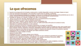 Lo que ofrecemos
🞇 Ayuda en la preparación de la tienda, construcción a medida disponible a precios muy bajos. Llaves en mano
🞇 Curso de formación personalizado para aprender el know-how de método y productos,
🞇 Curso de formación personalizada en su punto de venta que le muestre todos los secretos de los productos que se van a
vender. Método ICTS Inbound Marketing infalible que atrae nuevos clientes constantemente.
🞇 Portafolio de clientes con método a trabajar con ellos y zona exclusiva.
🞇 Apoyo en la elección del lugar. Búsqueda del local y acompañamiento en la apertura.
🞇 Soporte telefónico de ventas. Plan de referidos escalonado.
🞇 Software con Crm, logística, ventas referidas control, contabilidad, etc.
🞇 Web venta online y crear puntos de venta en zona con tarifa intermedia colocación de corners en zona.
🞇 Materiales de marketing adaptados a cada estación
🞇 Venta de productos accesorios y sinérgicos importantes en margen de beneficio.
🞇 Sistema personalizado método de comercialización propio en tienda y fuera de tienda en zona, hacer probar para
hacer comprar. Horeca, empresas, comercios, particulares, fabricas, todos son potenciales clientes método único.
🞇 Precios de máquinas muy bajos que permiten regalar la maquina por pequeña compra de producto capsulas
🞇 Degustación libre en tiendas de los clientes que eligen productos nuevos.
🞇 Posibilidad de compra surtido en tienda.
🞇 Apoyo en venta online.
🞇 Posibilidad de hacer a grandes clientes marca blanca.
🞇 Productos exclusivos, garantizamos el éxito por contrato en caso contrario se garantiza la recompra.
🞇 Soporte tecnico, software de Gestion, contabilidad, crm, logística inventario, facturación, RRHH.
🞇 Venta otros productos gourmet de Italia y tácticos según local.
🞇 Pack de bienvenida y fidelización para aumentar ventas rápidamente.
🞇 Productos a los que no les afecta ninguna crisis, llega a todas partes y su coste es bajísimo, conviene.
🞇 Productos posicionamiento Gourmet a precios bajos, de venta de 0,22 a 0,45 € .
 