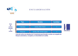ENCUADERNACIÓN




                    Tipo                           Modelo                        Cantidad
  Area
   de
 rustica          Cubridora                   Kolbus KM 470/21                        1
fresado
    y
 cosido           Trilateral               Kolbus HD 150 B Copilot                    1
           Linea de rustica con alzadora de 12 estaciones para fresado o cosido, con cargador de
           bloques automatico y encajado y /o retractilado en la salida.
 