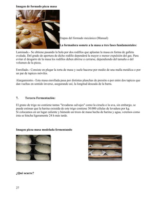27
Imagen de formado pieza masa
Etapas del formado mecánico (Manual)
La formadora somete a la masa a tres fases fundamentales:
Laminado.- Se obtiene pasando la bola por dos rodillos que aplastan la masa en forma de galleta
ovalada. Del grado de apertura de dicho rodillo dependerá la mayor o menor expulsión del gas. Para
evitar el desgarro de la masa los rodillos deben abrirse o cerrarse, dependiendo del tamaño o del
volumen de la pieza.
Enrollado.- Consiste en plegar la torta de masa y suele hacerse por medio de una malla metálica o por
un par de tapices móviles.
Alargamiento.- Esta masa enrollada pasa por distintas planchas de presión o por entre dos tapices que
dan vueltas en sentido inverso, asegurando así, la longitud deseada de la barra.
7. Tercera Fermentación:
El grano de trigo no contiene tantas "levaduras salvajes" como la ciruela o la uva, sin embargo, se
puede estimar que la harina extraída de este trigo contiene 30.000 células de levadura por kg.
Si colocamos en un lugar caliente y húmedo un trozo de masa hecha de harina y agua, veremos como
ésta se hincha ligeramente 24 h más tarde.
Imagen pieza masa modelada fermentando
¿Qué ocurre?
 