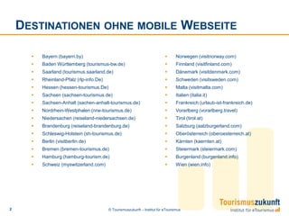Destinationen ohne mobile WebseiteBayern (bayern.by)	Baden Württemberg (tourismus-bw.de)	Saarland (tourismus.saarland.de)	Rheinland-Pfalz (rlp-info.De)	Hessen (hessen-tourismus.De)	Sachsen (sachsen-tourismus.de)	Sachsen-Anhalt (sachen-anhalt-tourismus.de)	Nordrhein-Westphalen (nrw-tourismus.de)	Niedersachen (reiseland-niedersachsen.de)	Brandenburg (reiseland-brandenburg.de)	Schleswig-Holstein (sh-tourismus.de)	Berlin (visitberlin.de)	Bremen (bremen-tourismus.de)	Hamburg (hamburg-tourism.de)Schweiz (myswitzerland.com)Norwegen (visitnorway.com)	Finnland (visitfinland.com)	Dänemark (visitdenmark.com)	Schweden (visitsweden.com)	Malta (visitmalta.com)	Italien (italia.it)	Frankreich (urlaub-ist-frankreich.de)	Vorarlberg (vorarlberg.travel)	Tirol (tirol.at)	Salzburg (aalzburgerland.com)	Oberösterreich (oberoesterreich.at)	Kärnten (kaernten.at)	Steiermark (steiermark.com)	Burgenland (burgenland.info)	Wien (wien.info)