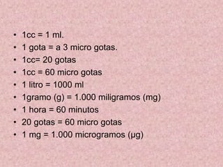 • 1cc = 1 ml.
• 1 gota = a 3 micro gotas.
• 1cc= 20 gotas
• 1cc = 60 micro gotas
• 1 litro = 1000 ml
• 1gramo (g) = 1.000 miligramos (mg)
• 1 hora = 60 minutos
• 20 gotas = 60 micro gotas
• 1 mg = 1.000 microgramos (µg)
 