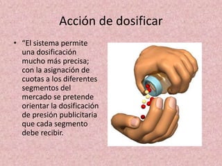 Acción de dosificar
• “El sistema permite
una dosificación
mucho más precisa;
con la asignación de
cuotas a los diferentes
segmentos del
mercado se pretende
orientar la dosificación
de presión publicitaria
que cada segmento
debe recibir.
 