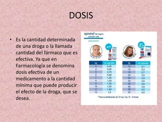 DOSIS
• Es la cantidad determinada
de una droga o la llamada
cantidad del fármaco que es
efectiva. Ya que en
Farmacología se denomina
dosis efectiva de un
medicamento a la cantidad
mínima que puede producir
el efecto de la droga, que se
desea.
 