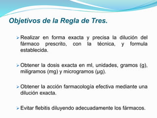 Objetivos de la Regla de Tres.
 Realizar en forma exacta y precisa la dilución del
fármaco prescrito, con la técnica, y formula
establecida.
 Obtener la dosis exacta en ml, unidades, gramos (g),
miligramos (mg) y microgramos (µg).
 Obtener la acción farmacología efectiva mediante una
dilución exacta.
 Evitar flebitis diluyendo adecuadamente los fármacos.
 