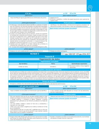 195
4.Yo veo… p. 121 CT p. 214
¿Qué busco? ¿Qué material necesito?
• Que identifiquen figuras geométricas en entramados de puntos. • Tableros de 10.
• 50 fichas o piedritas, o bolitas de papel (opcional, para quienes las
quieran usar).
¿Cómo guío el proceso? Pautas para evaluar
• En este juego, cada estudiante deberá identificar cuadrados. A medida
que van trazando, las opciones requieren de desarrollar estrategias
para visualizar otros más. En total son 30 cuadrados. Se consideran
únicamente aquéllos cuyos lados son verticales u horizontales. En caso
de que algún equipo considere las diagonales, puede retomarlo en
la discusión para analizar cómo identificarlos.
• Cuando una pareja decida que ya terminó, anote en el pizarrón
la cantidad de cuadrados encontrados. Puede hacerles notar que
hay más con preguntas como: ¿están seguros de que no hay más?
También puede hacer una réplica de la cuadrícula en el pizarrón
para que sus alumnos ubiquen los cuadrados. Así promoverá que
quienes ubican, por ejemplo, los de lado 1 × 1 (que en total son 16),
empiecen a buscar los que son 2 × 2, 3 × 3 o 4 × 4, etcétera.
• Insístales para que registren en la tabla, debajo de su nombre, la
cantidad de cuadrados que cada uno completó.
• En “Un paso más” se espera que reconozcan los siete triángulos ocultos.
Identifique si las dificultades o errores de los alumnos provienen de
relacionar los datos, si es así, lleve a cabo las actividades de apoyo.
¿Qué errores comunes puedo encontrar?
¿Cómo apoyar? ¿Cómo extender?
• Empiece con una cuadrícula de 2 × 2. Continuar con 3 × 3. • Pídales encontrar rectángulos.
Organizadores curriculares
Eje temático Tema Aprendizajes esperados
Análisis de datos. Estadística
• Recolecta datos y hace registros
personales.
Propósito y descripción del trayecto
Se profundiza en el análisis de los datos recopilados para responder a una pregunta dada. El proceso seguido es de recopilación, el uso y el análisis
de los datos en tablas sencillas de tres columnas pero con mayor cantidad de renglones. Las marcas personales se acuerdan grupalmente y se
usan números para representar el total. Una particularidad en este trayecto es que los datos organizados en una tabla se usan para identificar
la mayoría o minoría en un resultado y decidir si una afirmación se deduce o no de estos datos. Los contextos utilizados involucran conteo y
magnitudes de tiempo y longitud. El trayecto en su conjunto favorece la experiencia de recolectar datos y registrarlos mediante marcas personales,
además de que muestra a la tabla como una herramienta útil para organizar, presentar e identificar datos por categorías.
Tiempo de realización
El trayecto contiene cinco lecciones que pueden efectuarse en máximo seis sesiones de 50 minutos.
BLOQUE 2 pp. 122-127 CT pp. 215- 217
Trayecto 8
Organización de datos
1. ¿En qué mes cumples años? p. 122 CT p. 215
¿Qué busco? ¿Qué material necesito?
• Que contesten una encuesta con información que los identifica. • Una cartulina donde esté dibujado un círculo con las estaciones,
fechas y meses del año.
¿Cómo guío el proceso? Pautas para evaluar
Para que resuelvan esta lección se necesita pedirles desde la clase
anterior que traigan anotada la fecha de su cumpleaños (día y mes).
• Pídales observar y comentar el dibujo. Pregunte: ¿cuántas
estaciones hay? ¿Siempre son las mismas? ¿Cuáles son los meses de
verano?
• En esa revisión, invítelos a ubicar el mes de su cumpleaños y
marcarlo con color verde.
• Pida, uno a uno, pasar a registrar en el cartel su nombre en el mes
de su cumpleaños.
• Para resolver el reto de “Un paso más”, sugiérales usar un color rojo
para marcar el mes en que se encuentran y que cuenten cuántos
meses faltan para su próximo cumpleaños.
Observe que haya hecho la marca en el mes de su cumpleaños.
¿Qué errores comunes puedo encontrar?
¿Cómo apoyar? ¿Cómo extender?
• Si alguno tiene dificultades para ubicar el mes, aproveche la ocasión
para revisar los meses del año. Que ellos vayan leyendo en voz alta
cada mes empezando desde enero.
• Pueden completar una tabla con las estaciones del año y los nombres
de quienes cumplen años en cada una.
 