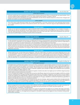 37
Apartado 2. Mis responsabilidades Lt p. 13 / CT p. 110
¿Cómo guío el proceso?
Tome en cuenta que, en ocasiones, los adultos hacen muchas cosas por los niños y no les permiten ser responsables. Otras
veces les asignan responsabilidades que no son adecuadas para su edad o contexto cultural.
Propicie que los alumnos identifiquen sus responsabilidades y las de otros en diversos espacios y situaciones. Indague qué
sienten al cumplir con esas responsabilidades.
¿Cómo apoyar?
Si los niños tienen dificultad para hablar de sus responsabilidades o acciones, proporcione varios ejemplos relacionados
con la responsabilidad que tienen otras personas dentro de la escuela o mencione algunas responsabilidades propias
de su labor.
Pautas para evaluar
Revise con los alumnos si establecieron alguna relación entre los enunciados y las imágenes. Si lo considera necesario, y
dependiendo del tipo de relación que se hayan determinado, presente otras actividades para leer los textos y propiciar
que den explicaciones entre pares o de manera grupal, de modo que todos den cuenta de la diversidad de opiniones,
y de que es posible llegar a acuerdos a partir de las conclusiones.
Apartado 3.Tomo decisiones Lt p.14 / CT p. 111
¿Cómo guío el proceso?
En este apartado se plantean situaciones con diferentes formas de comportamiento que pueden ser frecuentes en el aula
y cuya solución o respuesta, al no ser evidente, requiere de un análisis detallado de varios factores, entre los cuales están la
situación o problema, los valores implicados y las características de las personas involucradas.
Después de leer las situaciones y las formas de comportamiento que se presentan como opciones para enfrentarlas, dé
tiempo suficiente a los alumnos para que elijan una. Apóyelos para distinguir la diferencia entre tomar una u otra decisión.
Pida a los alumnos que piensen qué harían si ellos estuvieran en la situación de María o de Jaime, así como las razones de
su decisión y que las compartan con el grupo; esto ayudará a promover la idea de que una misma situación puede tener
diferentes soluciones.
Pautas para evaluar
Tenga presente que, en esta etapa de su desarrollo, cada niño responderá con base en sus propios referentes, por lo cual
no hay respuestas correctas o incorrectas. Verifique si los alumnos son capaces de reconocer que hay diferentes formas de
comportamiento y que es necesario analizar las opciones con las cuales puede actuar ante una situación. Verifique los
argumentos que utilizan en sus respuestas, tome en cuenta que pueden ser desde breves hasta muy elaborados, según su
nivel de desarrollo. Es conveniente que usted guíe y modele la formulación de argumentos cada vez más complejos.
Apartado 4. Reglas para convivir Lt p.15 -17 / CT p. 112
¿Cómo guío el proceso?
La finalidad de la actividad de la página 15 es que los niños comprendan que las reglas cambian en función de los lugares, el
contexto y los sujetos que los rodean, y reconozcan que durante toda su vida han aprendido a seguir reglas generales como
saludar, asearse y salir acompañado de un adulto. Para los alumnos es más fácil distinguir reglas que siguen en el contexto
escolar, donde se trabaja con ellas de manera constante y explícita, pero también es válido si en el desarrollo de la actividad
mencionan reglas que deben seguir en casa.
Procure que los niños comprendan que en todos los lugares, incluida la escuela, hay reglas que los mantienen seguros porque
hacen que la convivencia sea sana y pacífica.
Con la actividad de la página 16 se busca que los alumnos identifiquen algunas funciones de las reglas a partir de su propia
vivencia, participando en el juego del Avión (puede usted optar por otro juego o preguntar a los alumnos si conocen alguno
y pedir que expliquen las reglas de éste). Organice al grupo para jugar. Al término, guíe la discusión grupal de manera que los
alumnos puedan explicar cuál es la importancia de las reglas en un juego: establecer condiciones equitativas, garantizar el
respeto a los demás y promover una convivencia pacífica.
En la página 17 se han propuesto sólo cuatro situaciones de aula, sin embargo, usted puede ampliar la lista de reglas del salón
de clase para que los alumnos identifiquen aquellas que siguen y las que aún no. Puede conducir al grupo para que reflexione
acerca de las reglas de convivencia aplicables en otros contextos como el mercado, el vecindario o la comunidad.
Pautas para evaluar
Valore los argumentos de los alumnos acerca de los dibujos donde muestran las reglas que tenían en su salón de preescolar.
Ponga atención a los comentarios referidos a las reglas que permanecerán en su salón de primer grado, así
como las que han cambiado, y retroaliméntelos.
Trate de identificar si la mayoría puede explicar por qué son importantes las reglas en el contexto del juego propuesto;
para ello puede preguntar qué pasaría si estas no existieran. Registre los comentarios donde los alumnos expresen cuáles
reglas siguen y cuáles no, y los argumentos al respecto. Anímelos a hablar de las reglas en otros contextos o situaciones
que les sean familiares.
 