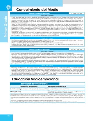 202
Primer
Grado
Conocimiento del Medio
Apartado 5. Integro mis aprendizajes Lt p.104 / CT p. 250
¿Cómo guío el proceso?
Si bien es posible que al clasificar se formen grupos de una sola característica, y por lo tanto con un sólo objeto, discuta
con los niños la importancia de establecer criterios de clasificación que sean aplicables a diversas hojas. Recuerde que
existe la posibilidad de tener un grupo de “otras” para aquellas hojas o plantas que no cumplan con los criterios que se
proponen. En todo momento, promueva la discusión entre los alumnos para que se generen consensos y disensos en torno a
los criterios de clasificación.
Tenga en cuenta que hacer un herbario puede requerir tiempo, pero es importante, ya que brinda a los alumnos la
oportunidad de reconocer la diversidad de hojas y pensar en diferentes formas de clasificarlas. Si encuentra que no es
posible que los alumnos muestren todas sus hojas, usted puede llevar una diversidad de ellas al salón, y permitirles su
manipulación para conseguir que las clasifiquen. Al tener acceso directo a las hojas (que las toquen y las huelan, que
utilicen todos los sentidos para reconocer sus características) permitirá establecer criterios de clasificación con base en
la textura y el olor.
Aproveche el herbario construido por los alumnos para realizar una exposición y compartirlo con los padres de familia
en algún momento determinado, por ejemplo, una junta o muestra pedagógica. También podría realizar una exposición
para compartir los productos con los demás miembros de la comunidad escolar.
Pautas para evaluar
Identifique la capacidad de los alumnos para argumentar en torno a los criterios de clasificación de las hojas, y cómo en
sus explicaciones ponen en juego referentes empíricos y conceptuales.
Observe también cómo utilizan los criterios consensuados al clasificar sus propias hojas.
Procure identificar diferencias en las ideas de los alumnos con respecto a las que expresaron inicialmente, con el fin de
valorar sus avances en el aprendizaje.
Apartado 5. Integro mis aprendizajes Lt p.104 / CT p. 250
¿Cómo guío el proceso?
Para evaluar el aprendizaje de los niños entorno a las plantas y su cuidado, se presentan dos situaciones.
Una es el caso de Laura, quien dice que no se deben cortar los árboles. La intención es que los alumnos utilicen los
conocimientos y habilidades de argumentación aprendidos en el transcurso del bloque para indicar si ella tiene o no razón.
Tenga presente que la diversidad en las respuestas muestra que los niños están en proceso de construcción de conceptos
y de un razonamiento lógico y articulado.
La segunda actividad de evaluación busca que los alumnos, mediante un ejercicio de descripción, usen los referentes
conceptuales adquiridos a lo largo de la secuencia. Hay dos ejemplos concretos de plantas diferentes a las estudiadas
para que los niños empleen lo aprendido.
Pautas para evaluar
En las argumentaciones y descripciones de los alumnos, preste atención a cómo han incorporado las nociones trabajadas
en la secuencia, es decir, que en sus expresiones orales y escritas emplean lo referente a la clasificación y cualidades de las
plantas. Puede retomar las preguntas iniciales de la secuencia y pedir a los niños que las respondan de nuevo para notar
cómo han cambiado sus ideas y si incluyen en sus descripciones una mayor diversidad de características. Identifique
también el tipo de cuidados que proponen para las plantas, y si se refieren únicamente a los que se desarrollan en la
secuencia o si son capaces de hacer nuevas propuestas y fundamentarlas.
EDUCACIÓN SOCIOEMOCIONAL
Dimensión: Autonomía Habilidad: Autoeficacia
Indicadores de logro: Reconoce en la ejecución de acciones cotidianas su capacidad de valerse por sí mismo.
Manos a la obra
Materiales: Xilófono,barra de tono, campana, triángulo, cuenco o
tambor. Hoja de papel, lápiz, colores y plastilina.
Pida a los alumnos que se sienten en postura de cuerpo de montaña. Toque un instrumento (durante un minuto) y solicite a los niños que
levanten la mano cuando el sonido se deje de escuchar. Compartir. Solicite a varios niños que completen la frase siguiente: “Me gusta jugar a…”
– Solicite a los niños elegir un objeto cotidiano que les facilite sus actividades, que lo modelen en plastilina y elaboren una historia de cómo lo
usan.
– Organice una sesión grupal para que los estudiantes compartan sus historias con sus compañeros.
Comunidad de diálogo. En grupo, reflexione con sus alumnos acerca de las cosas que utilizan todos los días y para qué las usan.
Educación Socioemocional
 