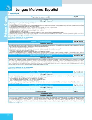 206
Primer
Grado
Lengua Materna. Español
SEMANA 24
Aprendamos a leer y escribir LT. p.139
¡Basta!
¿Cómo guío el proceso?
Explique al grupo que las reglas del juego consisten en:
• Formar equipos de tres alumnos.
• El maestro señalará una letra del alfabeto y cada equipo escribirá nombres de una persona, un animal, una cosa y un alimento que comiencen igual.
• El primer equipo que termine de escribir debe gritar: ¡Basta!
• En ese momento ya nadie puede escribir. Cada equipo leerá al resto del grupo lo que apuntó:
-- Las palabras que no se repitan con las de otro equipo, valen 2 puntos.
-- Las palabras que sean iguales a las de otro equipo, valen 1 punto.
-- Los espacios vacíos valen 0 puntos.
• Se hace la suma de los puntos obtenidos y gana el equipo que haya sumado más puntos durante el juego.
Puede repetir el juego tantas veces como quiera pidiendo a los niños que copien la tabla en el cuaderno. También anímelos a jugar en casa con sus
familiares siguiendo las reglas que usaron en la escuela.
Proyecto: Noticias de mi comunidad
Etapa 4. Revisamos la noticia
Proyecto: Noticias de mi comunidad
Etapa 5. Presentamos las noticias
Actividad 1. Corregimos los textos LT. p.140 / CT.182
¿Cómo guío el proceso?
Pida que revisen su borrador con su compañero para llegar a acuerdos que les permita aclarar sus ideas y tomar decisiones sobre la versión final del texto.
Para guiar la revisión pueden retomar los elementos de la planificación del texto:
• ¿El encabezado llama la atención de la gente?
• ¿El cuerpo de la noticia responde a las preguntas qué pasó, cuándo pasó, dónde pasó, por qué pasó?
• ¿Cuenta la nota con un dato relevante o curioso?
• ¿La ilustración que eligieron ayuda a comprender mejor el contenido de la nota?
Usted puede aportar materiales que permitan revisar cómo se escriben algunas palabras, cuando externen dudas de si es correcta o no la escritura.
Ayúdelos a corregir otros aspectos que para ellos no sean observables todavía, como reiteraciones innecesarias, puntuación y concordancia gramatical.
Actividad 1. Organizamos las noticias LT.p.140 / CT.182
¿Cómo guío el proceso?
Reúna al grupo y disponga de un momento de la clase para que las parejas compartan su noticia con sus compañeros. Pregunte al grupo cómo
conviene organizar las noticias en el periódico mural para que se entiendan:
• ¿Acomodaremos las noticias por temas? ¿O seguiremos otro orden?
• ¿Qué título llevará el periódico mural? ¿Con qué tipo y tamaño de letra?
• ¿Cómo organizaremos las noticias en el espacio disponible?
Conozca sugerencias para ampliar y compartir las noticias de los niños con una mayor cantidad de personas, en el apartado El periódico que se
encuentra en la página 28.
Actividad 2. Compartimos lo aprendido LT. p.140 / CT.182
¿Cómo guío el proceso?
Inviten a alumnos, maestros, personal que labora en la escuela y a papás a leer el periódico mural con las noticias que escribieron los niños.
Actividad 2. Hacemos la versión final LT.p.140 / CT.182
¿Cómo guío el proceso?
Antes de pasar en limpio la noticia, es importante definir el lugar donde irá la ilustración. Comente a los alumnos que al hacer la versión fi nal tengan
en cuenta que cualquier persona que lea el escrito pueda entenderlo; por ello es importante cuidar que el contenido sea adecuado, claro y
preciso, además que la letra sea legible y esté limpio. Solicite a los niños participar en la versión final, tanto si se realiza en papel o bien con apoyo
de un procesador de textos. Dé orientaciones a las parejas de alumnos para que trabajen de manera ordenada y sistemática, por ejemplo; mientras
uno dicta, el otro escribe en el teclado. Luego pídales que cambien los roles.
Tiempo de leer LT.p.141
Cuentos con lobos
¿Cómo guío el proceso?
Invite a los niños a explorar las adivinanzas y los cuentos con lobos que leyeron en las sesiones anteriores. Pueden considerar también textos de su
libro de lecturas. Organice al grupo en parejas. Cada niño elegirá un texto para leerle al compañero. Si el grupo es muy numeroso, puede organizar
equipos de más integrantes. Para continuar con el interés de los niños en la lectura de cuentos, considere la realización de muna Tertulia literaria a
la que invite a los padres de familia a escucharlos. Puede conocer algunas recomendaciones para organizar este evento en la primera parte de
este libro, en la página 29.
 
