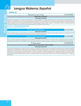 220
Primer
Grado
Lengua Materna. Español
SEMANA 25
Aprendamos a leer y escribir LT. p.146 / CT.265
Mayúsculas y minúsculas
¿Cómo guío el proceso?
Escriba en el pizarrón Luz y luz y lea ambas palabras en voz alta. Pregunte a los niños qué diferencia ven entre estas dos formas de escribir luz.
Explique a qué se refiere Luz (nombre de una persona) y luz (elemento de la naturaleza). Pida a los niños que propongan otro nombre (de lugar o
persona) y escríbalo en el pizarrón. Luego pídales que digan palabras que comiencen igual y vaya anotándolas en el pizarrón, debajo del nombre
propio. Distinga el inicio con mayúscula si se trata de nombres propios. Oriente al grupo a llegar a la conclusión de que los nombres propios se
escriben con mayúscula inicial. Pida a los niños que resuelvan la actividad del libro de texto.
Proyecto: Así era antes, así soy ahora
Etapa 1. Buscamos información
Actividad 1. ¿Dónde buscamos? LT. p.147/ CT.266
¿Cómo guío el proceso?
Invite a los niños a pensar en qué familiares los conocen bien y pueden dar información sobre cómo eran antes y cómo son ahora. Pida que anoten
en su libro los nombres de las personas que entrevistarán para hacer esa indagación.
Actividad 2. Hacemos una entrevista LT. p.147/ CT.266
¿Cómo guío el proceso?
Lea a los niños los ejemplos de preguntas para la entrevista que están en el libro de texto. En plenaria, pida su participación para que defi nan
las preguntas que quieren hacer. Anótelas en el pizarrón para que ellos las copien en su libro y las ocupen con sus familiares durante la entrevista.
Tiempo de leer LT. p.148/ CT. 267
Cuentos dentro de otros cuentos / “Temor de lobito”
¿Cómo guío el proceso?
Antes de leer, señale el título y el autor del cuento. Inicie una conversación para que los alumnos anticipen el contenido a partir de estos indicadores
textuales. Formule preguntas que retomen las características de los lobos que aparecen en otros cuentos: ¿Cómo creen que sea este lobo? ¿Qué les
dice el título? ¿Creen que sea un lobo grande y feroz o más bien se trata de uno pequeño? ¿Por qué opinan eso? ¿A qué creen que le tenga miedo
este lobito?. Una vez que hayan concluido la lectura del cuento, comenten con base en preguntas como: ¿Quiénes aparecen en el cuento? ¿Qué
edad tendrán los personajes? ¿Qué hace el lobito? ¿Por qué? ¿Qué siente? ¿A qué le tiene miedo?. Para contestar la pregunta del libro de texto,
recupere la trama de cuentos de lobos que leyeron previamente. Pida a los niños que escriban el título del cuento de esta actividad en su “Pasaporte
de lecturas”.
 