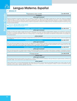 252
Primer
Grado
Lengua Materna. Español
SEMANA 29
Aprendamos a leer y escribir Lt p.163/ CT.276
Crucigrama
¿Cómo guío el proceso?
Prepare el siguiente crucigrama. Puede utilizar un rotafolio o el pizarrón. Pregunte qué palabra puede decir en cada caso. Escriba las palabras
explicando que va a poner cada letra en un espacio. Puede pedir a los niños que le ayuden dictando cada letra. Los más avanzados podrán
ayudar a los demás para que, entre todos, dicten la palabra letra por letra. Repita este juego introduciendo palabras con sílabas complejas. Forme
parejas para que resuelvan la actividad del libro de texto. Es importante comenzar con palabras de dos o tres sílabas simples de manera que todo
el grupo pueda participar.
Proyecto: Así era antes, así soy ahora
Etapa 5. Presentamos los textos
Actividad 1. Hacemos la versión final Lt p.164/ CT.277
¿Cómo guío el proceso?
Solicite a los niños que copien la versión final de cada descripción en la hoja del dibujo correspondiente. Platique con sus alumnos y reconozca
sus logros al concluir las versiones finales de sus textos. Coménteles del sentido que tiene trabajar los borradores hasta el logro de la versión final,
así como lo importante que resulta contar con un trabajo limpio y con letra legible, que favorezca una efectiva comunicación con sus padres y la
comunidad escolar
¿Cómo extender?
Recuerde que puede organizar la actividad Correspondencia escolar para que los alumnos escriban cartas sobre sí mismos. Revise las sugerencias
en la página 27.
Actividad 2.Armamos el periódico Lt p.164/ CT.277
¿Cómo guío el proceso?
Pida a los niños que ordenen las hojas y las unan con pegamento o cinta adhesiva. Anímelos a proponer ideas para invitar a la comunidad a leer
el periódico mural. Seleccionen las ideas más viables e inviten a compañeros, docentes y familias a leer el periódico mural. Pueden poner una caja
con hojas y lápices para que el público deje comentarios que luego usted puede leer al grupo.
Actividad 3. Compartimos lo aprendido Lt p.165/ CT.277
¿Cómo guío el proceso?
Pida a los niños que inviten a su familia a leer sus textos. Previamente puede acordar con el grupo cuánto tiempo consideran conveniente mantener
la publicación de éstos en el periódico mural. Lo anterior con el propósito de que la mayoría de la comunidad escolar tenga oportunidad de leerlos.
Tiempo de leer Lt p.166/ CT.278
Poemas “Baile”
¿Cómo guío el proceso?
Propóngales recordar el poema anterior (“Por el alto río”), invítelos a decirlo en forma individual, verá que más de uno querrá hacerlo. Continúe con
el poema “Baile”, de la misma forma que trabajó el primer poema.
¿Cómo apoyar?
Usted puede apoyar a los niños preguntándoles qué quiere decir el poema cuando menciona que bailan también el ojo, el pie, el pelo. En caso
necesario vuelva a leer la estrofa y represéntela usted. Para reforzar la musicalidad y ritmo del poema, invítelos a hacer los movimientos que se
mencionan en el poema, mientras usted lee cada verso.
 