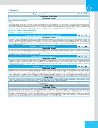 77
SEMANA 8
Aprendamos a leer y escribir LT p. 52 / CT. 43
Palabras que terminan igual
¿Cómo guío el proceso?
Escriba este ejemplo en el pizarrón:
PACO
TOCO
Solicite a su grupo que se fijen en qué se parecen estas palabras. Permita que expresen sus ideas y que las discutan. Cuando encuentren la
semejanza, solicite que resuelvan la actividad del libro de texto. Pídales que comparen su trabajo con un compañero y ayúdelos a darse cuenta
de qué es lo que está igual y hasta dónde hay que subrayar. Promueva que todos aporten sus ideas en la discusión grupal. Si hay dudas, escriba las
palabras en cuestión en el pizarrón para que observen las semejanzas. También anote las palabras dictadas por los niños.
Proyecto: Carteles para una exposición
Etapa 5. Organizamos la exposición
Actividad 1. ¿Cuándo y cómo montamos la exposición? LT p. 53 / CT. 44
¿Cómo guío el proceso?
Discuta con su grupo el lugar de la escuela donde pueden pegarse los carteles para que toda la comunidad escolar pueda verlos. Revisen los
espacios sugeridos para valorar si cabrán todos los carteles que hicieron. Una vez que acuerden el lugar de exhibición, decidan en qué orden los
colocarán. Ayude a los niños a definir la fecha y el horario en que se presentará la exposición a la comunidad escolar. Para ello, recurra al calendario
y a la agenda de la clase: ¿Qué día nos conviene? ¿Hay algún día feriado que intervenga en nuestra actividad? Pongan una nota en el calendario
del salón para acordarse.
Actividad 2. ¿Cómo presentar el cartel? LT p. 53 / CT. 44
¿Cómo guío el proceso?
Las preguntas que se proponen en el libro como guía para la exposición son importantes para los niños porque con ellas recuperan el proceso que
siguieron para desarrollar su investigación: al recordar cómo lo hicieron se sistematiza el saber sobre cómo investigar, cómo leer y cómo escribir un
texto que será compartido. Al tener que comentar lo expuesto, los niños participan en calidad de escucha; para hacer observaciones pídales que
reflexionen sobre la forma y el contenido de la exposición.
Actividad 3. Exploramos invitaciones LT p. 54 / CT. 44
¿Cómo guío el proceso?
Platique con los niños si han recibido alguna invitación a algún evento. Organice parejas para que se apoyen a identificar los datos que aparecen
en las invitaciones que se proponen como ejemplos en el libro de texto. Formule preguntas como: ¿Cómo podemos saber quién invita? ¿Cómo
sabemos dónde es el evento y cuándo?. Acuerde con todo el grupo la información que incluirán en su invitación para que otras personas asistan
a su exposición de carteles.
Actividad 4. Escribimos el texto LT p. 54 / CT. 45
¿Cómo guío el proceso?
Organice la escritura de la invitación a través del dictado al maestro: los niños le dictan lo que dirá el texto; el docente escribe todo lo que los niños
digan. Luego el docente relee el texto y lo corrigen hasta que los niños queden satisfechos. Revise la Secuencia didáctica específica “Producción
de un texto con apoyo del docente”, en la página 167. Luego, pida a los niños que cada quien copie en una hoja la invitación que le dictaron para
que la puedan repartir. Recuerde que, aunque estén copiando siempre interviene la interpretación de cada individuo. Seguramente copiarán sin
respetar los espacios y omitiendo algunas letras. Si ellos no pueden identificar estos errores, no los corrija. Aún no están en condiciones de hacerlo.
¿Cómo apoyar?
Si algo falta, hágalo notar con preguntas como: ¿No sienten que algo falta? ¿Cómo sabrá la persona a qué hora debe llegar? Asegúrense de haber
puesto a quién invitan, para qué, cuándo, a qué hora y dónde. Pídales que corrijan si algo no se entiende.
Tiempo de leer LT p. 55 / CT.
“Sapito y sapón”
¿Cómo guío el proceso?
Practique previamente la lectura del poema; puede variar las voces para evidenciar quién habla y exagerar las partes en que la madrina regaña:
“¡Niño!” y “¡Pero niño!”. Lea el poema a los niños. Después de leer, pregunte a los alumnos de qué trata el poema. Formule preguntas como:
¿Quiénes son Sapito y Sapón? ¿Con quién platican? ¿Qué le cuentan? ¿Qué partes del cuerpo les duelen? ¿Por qué? ¿Qué les dice su madrina
cuando le cuentan que les gusta la prima? Pida a los niños que encuentren las palabras Sapito y Sapón dentro del texto. Puede escribirlas en el
pizarrón para que ellos las identifiquen en sus libros. Repita esta actividad con otras palabras que se encuentren al final de los versos, procurando
elegir las que riman. Anímelos a registrar una palabra de este poema en su Cuaderno de palabras.
 