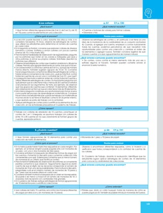 109
4.Los collares p. 57 CT p. 100
¿Qué busco? ¿Qué material necesito?
• Que formen diferentes agrupaciones (de 2 en 2, de 5 en 5 y de 10
en 10) para contar los elementos en una colección.
• Cuentas o botones de colores para formar collares.
• Estambre o hilo.
¿Cómo guío el proceso? Pautas para evaluar
• La lección puede llevarse a cabo durante dos días (o más, si lo
considera necesario). Al inicio, observe las estrategias de conteo
que utilizan los estudiantes para determinar el número de cuentas
en cada collar.
• En la segunda actividad, conviene que elaboren collares de diversos
tamaños y colores. Invítelos a armar collares con pocas cuentas
(menos de 10 o más [hasta 30]).
• Para fomentar habilidades de observación de regularidades, pregunte
por los patrones que notan en los colores e indíqueles usar esos y
otros patrones al armar sus propios collares. Solicíteles describir los
patrones que utilizaron.
• Observe las estrategias de conteo que muestran al elaborar y dibujar los
collares. Permita que agrupen libremente al contar, si es que lo hacen.
• Los colores invitan a contar las cuentas de 5 en 5 y, aunque de manera
menos directa, también sugieren agrupar de 10 en 10. Conviene
hacer preguntas para comentar las diferentes estrategias de conteo y
hablar sobre la conveniencia de cada una: ¿qué es más fácil, contar
todas las cuentas de una en una o contarlas de 5 en 5?, ¿por qué?
• La pregunta tres invita a estimar antes de contar todas las cuentas y
utilizar diferentes estrategias de conteo. Es importante preguntar por
qué piensan que el collar tiene más o menos de 20 cuentas e invitarlos
a ser precisos en sus argumentos. Se trata, por ejemplo, de observar
que hay grupos de cuentas que contienen 10 elementos. Utilizando
esta observación es fácil ver que el collar tiene más de 20 elementos.
• Esta misma pregunta constituye una oportunidad para tomar al error
como parte del proceso de aprendizaje en matemáticas. Conviene
hacer notar a los estudiantes que cuando se trabaja con matemáticas
muchas veces no se tiene el resultado correcto en el primer intento,
y que ajustarlo es parte del trabajo con la actividad.
• Aplique estrategias de conteo para cuantificar los elementos de una
colección, en las actividades propuestas en Cuaderno de Trabajo.
Observe las estrategias de conteo y, en particular, si se tiene ya una
idea de la invariancia de la cardinalidad de un conjunto (actividad
4). Cuando, al agregar una cuenta, empiezan a contar nuevamente
todas las cuentas, podemos percatarnos de que necesitan más
oportunidades para contar una colección y cambiar el orden de
los elementos o agregar nuevos. También conviene registrar de qué
manera cuentan y si usan agrupamientos de manera natural.
¿Qué errores comunes puedo encontrar?
• De conteo, como contar el mismo elemento más de una vez o
saltarse algunos al hacerlo. También pueden cometer errores al
enunciar la serie numérica.
¿Cómo apoyar? ¿Cómo extender?
• Trabaje con collares de alrededor de 10 cuentas y practiquen el
conteo de 1 en 1. Enseguida, es oportuno trabajar con collares de
entre 10 y 30 cuentas en los que claramente se formen grupos de
cuentas, separados entre sí.
5. ¿Cuánto cuestan? p. 66 CT p. 101
¿Qué busco? ¿Qué material necesito?
• Que formen agrupaciones de 10 elementos para contar una
colección de hasta 30 elementos.
• Monedas de 1 peso y 10 pesos de papel.
¿Cómo guío el proceso? Pautas para evaluar
• En la tabla puede haber hasta tres respuestas en cada renglón. Por
ejemplo, en el tercer renglón puede pagarse sólo con monedas de
un peso, con una o dos monedas de diez pesos.
• Conviene enfatizar la búsqueda de diferentes formas de pagar por
las cuentas y fomentar la discusión para comentar cuáles son más
convenientes y por qué. Guíelos para comentar que un menor número
de monedas es un criterio que facilita el conteo.
• Para fomentar habilidades de observación de patrones, es conveniente
pedirles comentar lo que observan. Seguramente algunos se darán
cuenta de que el dígito de las decenas corresponde al número de
monedas de 10 en una de las posibilidades. Para motivar la discusión,
pregúnteles cuál es el máximo número de monedas de 10 pesos y
de 1 peso que se puede utilizar en cada caso.
• Conviene también motivar la búsqueda de un orden en las respuestas.
Se puede ir de menor a mayor en el número de monedas de 10, o
viceversa. Esto les servirá con cantidades más grandes.
• En Cuaderno de Trabajo aplique estrategias de formar agrupaciones
de 10 elementos para cuantificar colecciones.
Observe si encontraron diferentes respuestas, cómo lo hicieron y si
verificaron que todas correspondieran a la cantidad de cuentas de
los collares.
En Cuaderno de Trabajo, durante la evaluación, identifique que los
estudiantes logran aplicar estrategias de conteo de 10 elementos
para conocer la cardinalidad de colecciones.
¿Qué errores comunes puedo encontrar?
¿Cómo apoyar? ¿Cómo extender?
• Usar collares de hasta 19 cuentas y encontrar dos maneras diferentes
de pagar por ellos (con y sin monedas de 10 pesos).
• Pídales que, dado un collar, busquen todas las maneras de cómo se
puede pagar por él. También es posible introducir monedas de 5 pesos.
 