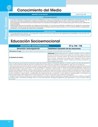 120
Primer
Grado
Conocimiento del Medio
Apartado 6. Lo que aprendí Lt p. 61 / CT p. 134
¿Cómo guío el proceso?
Con esta actividad se espera que los alumnos reflexionen en torno a la importancia de realizar diferentes actividades a lo largo de
la semana. Para ello, se presentan imágenes de diferentes actividades realizadas por niños y niñas. Para lograr el objetivo
de la actividad, inicialmente promueva que los alumnos describan las imágenes, de tal manera que puedan reconocer y diferenciar
las actividades.
Usted puede aprovechar también las imágenes para trabajar con los alumnos similitudes y diferencias con respecto a sus propias
actividades. Trabaje en plenaria las preguntas propuestas. Destaque aspectos relacionados con los momentos del día, la organización
del tiempo y la necesidad de ordenar las actividades.
Pautas para evaluar
En las respuestas que ofrecen a las preguntas, revise si reconocen la relevancia de organizar las actividades y si las vinculan con
determinados momentos del día.
EDUCACIÓN SOCIOEMOCIONAL CT p. 144 - 146
Dimensión: Autorregulación Habilidad: Expresión de las emociones
Indicadores de logro: Reconoce el efecto de las emociones en su conducta y en sus relaciones con los demás.
6. Cuando me siento…
Materiales: Xilófono,barra de tono, campana, triángulo, cuenco o tambor.
Cuento de literatura infantil para trabajar las emociones (algunos títulos se
mencionan en el artículo titulado “50 cuentos para trabajar las emociones
con los niños”, disponible en la página web “Rejuega”). Música clásica
(Bach, Beethoven, Mozart, Händel, Vivaldi) que favorezca la relajación y
concentración (opcional)..
Pida a los alumnos que se sienten en postura de cuerpo de montaña. Toque un instrumento (durante un minuto) y solicite a los niños que levanten la
mano cuando el sonido se deje de escuchar. Compartir. Pida a varios niños que completen la frase siguiente: “Algo que me da miedo es…”.
– Reúna a los alumnos en círculo y lea en voz alta el cuento que elija o invente. Puede narrar la historia de un personaje que experimente emociones
ante determinada situación. Al terminar la lectura se realizará una puesta en común a partir de algunas de las preguntas siguientes: ¿quién era el
personaje principal?, ¿qué sintió cuando...?, ¿por qué se sintió...?, ¿qué hizo cuando se sintió...?, ¿cómo se sintieron los demás ante su conducta?,
¿pudo actuar diferente? Solicite a los niños que se sienten en postura de cuerpo de montaña y que recuerden una situación en la que se hayan
sentido enojados, tristes o con miedo. Pida que experimenten esa situación como si la estuvieran viviendo por primera vez. Pregunte: ¿qué sucedió?,
¿cómo se sintieron?, ¿qué hicieron?, ¿cuáles fueron las consecuencias de su conducta?, ¿cómo afectó su comportamiento a los demás? Los
alumnos responderán estas preguntas de manera personal, por lo que no es necesario que compartan sus respuestas.
– Pregunte a los niños que, si teniendo en cuenta la situación que vivieron, algunos cambiarían su respuesta ante la emoción; invítelos a compartir
por qué lo harían. Comunidad de diálogo. Pida a los niños que respondan las preguntas siguientes: ¿qué aprendieron?, ¿cómo lo podrían aplicar
en su vida?
Educación Socioemocional
 