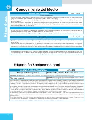 138
Primer
Grado
Conocimiento del Medio
Apartado 5. Integro mis aprendizajes Lt p.72 / CT p. 232
¿Cómo guío el proceso?
Con la actividad integradora de esta secuencia didáctica se espera que los alumnos identifiquen en su escuela formas
de comportamiento para favorecer una convivencia sana, pacífica e inclusiva.
Oriéntelos para que retomen una festividad que se realiza en su escuela, de tal forma que imaginen cómo se involucrarían
en dicho evento.
Para que los alumnos respondan las preguntas, plantee situaciones hipotéticas de conflicto que podrían darse entre
los miembros de la escuela al momento de realizar la festividad. Pídales pensar cómo las resolverían y los acuerdos que
establecerían para que no sucedieran.
Pautas para evaluar
Valore si los alumnos plantean acuerdos de convivencia relevantes para interactuar en la escuela y si pueden reconocer
más integrantes de la comunidad escolar que al inicio de la secuencia.
Valore también su capacidad para elaborar argumentos sobre la importancia de los acuerdos de convivencia.
Apartado 6. Lo que aprendí Lt p.72 / CT p. 232
¿Cómo guío el proceso?
En este apartado los alumnos reflejarán en sus argumentos su comprensión sobre la utilidad de los acuerdos de convivencia
en la escuela.
Se busca que sean capaces de vincular los espacios de convivencia con los acuerdos que se aplican en ellos, así como los
miembros de la comunidad escolar que participan. Para complementar esta actividad de evaluación, haga con los niños un
recuento de las actividades previas, con el fin de recuperar algunas ideas que les permitan contestar de manera pertinente.
Pautas para evaluar
En las explicaciones de los alumnos, lo importante es valorar la conexión que establecen entre espacio de convivencia,
acuerdos y personas. Los alumnos deben ofrecer ideas suficientes vinculadas con la noción de una convivencia escolar sana,
pacífica e inclusiva y expresar el reconocimiento de que todas las personas que conviven en la escuela merecen respeto.
EDUCACIÓN SOCIOEMOCIONAL CT p. 255
Dimensión: Autorregulación Habilidad: Regulación de las emociones
Indicadores de logro: Utiliza, con apoyo de un mediador, técnicas para el control de impulsos provocados por emociones
7. Me enojo y no pierdo
Materiales: Xilófono,barra de tono, campana, triángulo, cuenco o tambor.
Muñeco, marioneta o ilustración.
Pida a los alumnos que se sienten en postura de cuerpo de montaña. Toque un instrumento (durante un minuto) y solicite a los niños que levanten
la mano cuando el sonido se deje de escuchar. Compartir. Solicite a varios niños que completen la frase siguiente: “Cuando me enojo…”.
– Presente el muñeco, la marioneta o la ilustración. “Les presento a Ragut, nuestro amigo de la clase”. Ragut no siempre está contento, pues en
algunas ocasiones se enoja. Su cara se muestra entonces diferente, ya no sonríe. Ragut se enoja cuando lo molestan y cuando no es el primero
de la clase en terminar un trabajo, pero Ragut tiene algunas fórmulas mágicas que le ayudan a controlar el impulso y a expresar lo que siente.
Cuando Ragut no es el primero de la clase en terminar un trabajo se dice a sí mismo que no pasa nada, ya que lo importante es que lo terminó.
Cuando alguien lo molesta habla con el compañero que lo hizo, le dice que está enojado y le pide que si hay algo que quiera decirle se lo
comente sin agresiones. Si esto no funciona, Ragut se lo explica al maestro con la intención de buscar ayuda.
• Comente que cuando Ragut considera que el enojo lo hará perder el control, busca un espacio a solas y practica alguna actividad que lo
ayude a regular sus emociones; por ejemplo, estira los brazos a la altura de su pecho, cierra los puños fuertemente durante unos segundos y
después los abre.
Comunidad de diálogo. Pida a los niños que respondan las preguntas siguientes: ¿tienen alguna sugerencia que le ayude a Ragut a controlar
sus impulsos cuando está enojado?, ¿consideran que pueden aplicar alguna fórmula mágica cuando se enojan?
• Comente con sus alumnos algunas situaciones que los enojan y cómo afrontarlas de la mejor manera.
Educación Socioemocional
 