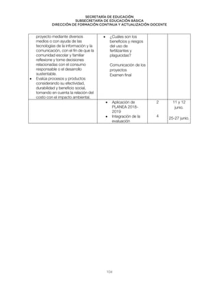 Secretaría de educación
SUBSECRETARÍA DE EDUCACIÓN BÁSICA
DIRECCIÓN DE FORMACIÓN CONTINUA Y ACTUALIZACIÓN DOCENTE
proyecto mediante diversos
medios o con ayuda de las
tecnologías de la información y la
comunicación, con el fin de que la
comunidad escolar y familiar
reflexione y tome decisiones
relacionadas con el consumo
responsable o el desarrollo
sustentable.
• Evalúa procesos y productos
considerando su efectividad,
durabilidad y beneficio social,
tomando en cuenta la relación del
costo con el impacto ambiental.
• ¿Cuáles son los
beneficios y riesgos
del uso de
fertilizantes y
plaguicidas?
Comunicación de los
proyectos
Examen final
• Aplicación de
PLANEA 2018-
2019
• Integración de la
evaluación
2
4
11 y 12
junio.
25-27 junio.
104
 