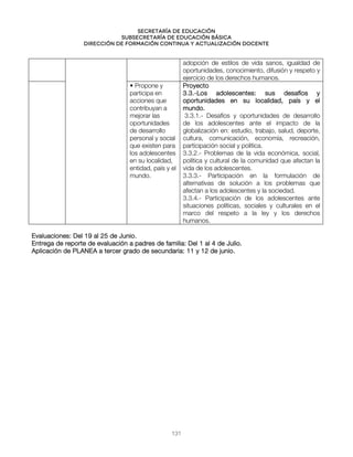 Secretaría de educación
SUBSECRETARÍA DE EDUCACIÓN BÁSICA
DIRECCIÓN DE FORMACIÓN CONTINUA Y ACTUALIZACIÓN DOCENTE
adopción de estilos de vida sanos, igualdad de
oportunidades, conocimiento, difusión y respeto y
ejercicio de los derechos humanos.
• Propone y
participa en
acciones que
contribuyan a
mejorar las
oportunidades
de desarrollo
personal y social
que existen para
los adolescentes
en su localidad,
entidad, país y el
mundo.
Proyecto
3.3.-Los adolescentes: sus desafíos y
oportunidades en su localidad, país y el
mundo.
3.3.1.- Desafíos y oportunidades de desarrollo
de los adolescentes ante el impacto de la
globalización en: estudio, trabajo, salud, deporte,
cultura, comunicación, economía, recreación,
participación social y política.
3.3.2.- Problemas de la vida económica, social,
política y cultural de la comunidad que afectan la
vida de los adolescentes.
3.3.3.- Participación en la formulación de
alternativas de solución a los problemas que
afectan a los adolescentes y la sociedad.
3.3.4.- Participación de los adolescentes ante
situaciones políticas, sociales y culturales en el
marco del respeto a la ley y los derechos
humanos.
Evaluaciones: Del 19 al 25 de Junio.
Entrega de reporte de evaluación a padres de familia: Del 1 al 4 de Julio.
Aplicación de PLANEA a tercer grado de secundaria: 11 y 12 de junio.
131
 
