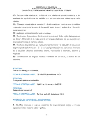 Secretaría de educación
SUBSECRETARÍA DE EDUCACIÓN BÁSICA
DIRECCIÓN DE FORMACIÓN CONTINUA Y ACTUALIZACIÓN DOCENTE
10.- Representación algebraica y análisis de una relación de proporcionalidad y = kx,
asociando los significados de las variables con las cantidades que intervienen en dicha
relación.
11.- Búsqueda, organización y presentación de información en histogramas o en gráficas
poligonales (de series de tiempo o de frecuencia), según el caso y análisis de la información
que proporcionan.
12.- Análisis de propiedades de la media y mediana.
13.- Construcción de sucesiones de números enteros a partir de las reglas algebraicas que
las definen. Obtención de la regla general (en lenguaje algebraico) de una sucesión con
progresión aritmética de números enteros.
14.- Resolución de problemas que impliquen el planteamiento y la resolución de ecuaciones
de primer grado de la forma: ax + b = cx + d y con paréntesis en uno o en ambos miembros
de la ecuación, utilizando coeficientes enteros, fraccionarios o decimales, positivos y
negativos.
15.- Caracterización de ángulos inscritos y centrales en un círculo, y análisis de sus
relaciones.
ACTIVIDAD:
Evaluación del segundo trimestre.
FECHA A DESARROLLARSE: Del 19 al 22 de marzo de 2019.
ACTIVIDAD:
Entrega del reporte de evaluación.
FECHA A DESARROLLARSE: Del 25 al 28 de marzo de 2019.
ACTIVIDAD:
Desarrollo del trimestre 3
FECHA A DESARROLLARSE: Del 1 de abril al 7 de junio de 2019.
APRENDIZAJES ESPERADOS A CONCRETARSE:
1.- Identifica, interpreta y expresa relaciones de proporcionalidad directa o inversa,
algebraicamente o mediante tablas y gráficas.
66
 