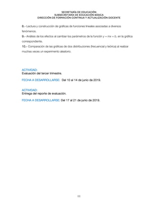 Secretaría de educación
SUBSECRETARÍA DE EDUCACIÓN BÁSICA
DIRECCIÓN DE FORMACIÓN CONTINUA Y ACTUALIZACIÓN DOCENTE
8.- Lectura y construcción de gráficas de funciones lineales asociadas a diversos
fenómenos.
9.- Análisis de los efectos al cambiar los parámetros de la función y = mx + b, en la gráfica
correspondiente.
10.- Comparación de las gráficas de dos distribuciones (frecuencial y teórica) al realizar
muchas veces un experimento aleatorio.
ACTIVIDAD:
Evaluación del tercer trimestre.
FECHA A DESARROLLARSE: Del 10 al 14 de junio de 2019.
ACTIVIDAD:
Entrega del reporte de evaluación.
FECHA A DESARROLLARSE: Del 17 al 21 de junio de 2019.
68
 