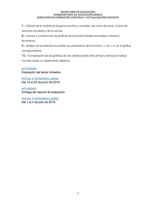 Secretaría de educación
SUBSECRETARÍA DE EDUCACIÓN BÁSICA
DIRECCIÓN DE FORMACIÓN CONTINUA Y ACTUALIZACIÓN DOCENTE
7.- Cálculo de la medida de ángulos inscritos y centrales, así como de arcos, el área de
sectores circulares y de la corona.
8.- Lectura y construcción de gráficas de funciones lineales asociadas a diversos
fenómenos.
9.- Análisis de los efectos al cambiar los parámetros de la función y = mx + b, en la gráfica
correspondiente.
10.- Comparación de las gráficas de dos distribuciones (frecuencial y teórica) al realizar
muchas veces un experimento aleatorio.
ACTIVIDAD:
Evaluación del tercer trimestre.
FECHA A DESARROLLARSE:
Del 19 al 25 de junio de 2019.
ACTIVIDAD:
Entrega del reporte de evaluación.
FECHA A DESARROLLARSE:
Del 1 al 4 de julio de 2019.
74
 