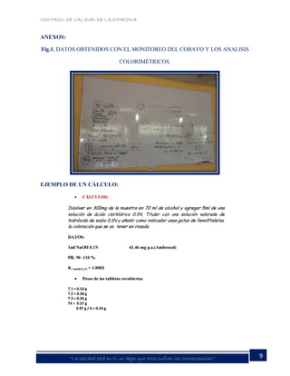 CONTROL DE CALIDAD DE LA DIPIRONA
9“La calidad está en ti, no dejes que otros sufran las consecuencias”
ANEXOS:
Fig.1. DATOS OBTENIDOS CON EL MONITOREO DEL COBAYO Y LOS ANALISIS
COLORIMÉTRICOS.
EJEMPLO DE UN CÁLCULO:
 