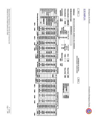 HormigonesdePruebaFormularioHormigonesPrueba
DepartamentoIngenieríayGestióndelaConstrucciónC.Videla
PontificiaUniversidadCatólicadeChileCap.7-109
EJEMPLO:
PE2HORMIGONDEPRUEBAPE2
DOSIFICACIONYCORRECCION
SolicitadoporINSTITUTOCHILENODELCEMENTOYDELHORMIGON
IdentificacióndehormigónH35(10)40-6CA
Fechaconfección04-Ene-95Prop.Aridos(%)ProporciónCono6.0Temp.horm22.0Tara8180
Grava=30aditivosTara+hormigón32400
Horaconfección12:43Gravilla=16Nºcc/kg.cem%AireTemp.Amb.25.0Volumen10016
ArenaGruesa=2013.9Densidad(kg/m^3)2418
cemento(10%)=1.392ArenaMedia=3420.0Diferencia:Cem.12.53
agua(10%)=0.636Otros=0Agua5.57
100
ESTUDIODELADOSIFICACIONHORMIGONDEPRUEBACachada(L)CorregidaCorreg.C=cte
MaterialUn.TipoP.s.s.s.DsssVol.Abs.sssCORRP.s.s.s.AbsP.secoHumP.Húmedo40Dif.P.HúmedoP.SecoP.s.s.s.P.s.s.s.P.s.s.s.Vol.Abs.PsssCORR.
CementokgPolp.Esp.3482.9000.12034834834834813.9213.9213.9213.923493480.120348
AguaLPotable1591.0000.1591591641881556.210.2206.437.746.761691690.169169
GravakgPegsonChanc.5872.7150.2165725680.815630.6656722.6922.6922.5422.725705700.210563
GravillakgModeloChanc.3132.7230.1153053031.023000.3430112.0412.0412.0012.123043040.112300
ArenaGruesakgModeloChanc.3912.6990.1453813781.373733.1938515.3915.3914.9215.123793800.141375
ArenaMediakgLaJuntaRod.6652.6850.2486486431.876312.5564725.8925.8925.2525.726456460.240638
Otroskg010.00000000.000.000.000.00000.0000
Aditivo1kgAdiplast211.5341.1300.0011.5341.5341.5341.5340.0610.060.0610.0611.5391.5340.0011.534
Aditivo2kg0.0001.0000.0000.0000.0000.0000.0000.0000.000.0000.0000.0000.0000.0000.000
Aire%1.500.0150.0000000000000.0150
2464.531.0192413.102405.2124.542405.2133.032404.9196.200.2296.4296.4296.42241824181.0082395.36
Pesoespecíficoponderadoáridos=2.703Vol.Abs.=1.000DensidadTeórica2405.09Vol.teórico=40.000.2240.22Vol.Abs.=1.000
Vol.teórico=1.000Densidadteórica=2397.11
W/C=0.461W/C=0.4610.474W/C=0.4890.4890.4910.491
 
