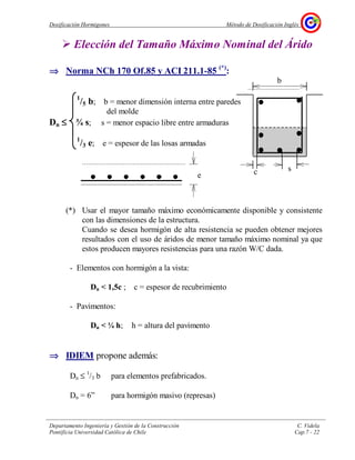 Dosificación Hormigones Método de Dosificación Inglés
Departamento Ingeniería y Gestión de la Construcción C. Videla
Pontificia Universidad Católica de Chile Cap.7 - 22
Elección del Tamaño Máximo Nominal del Árido
⇒⇒⇒⇒ Norma NCh 170 Of.85 y ACI 211.1-85 (*)
:
1
/5 b; b = menor dimensión interna entre paredes
del molde
Dn ≤≤≤≤ ¾ s; s = menor espacio libre entre armaduras
1
/3 e; e = espesor de las losas armadas
(*) Usar el mayor tamaño máximo económicamente disponible y consistente
con las dimensiones de la estructura.
Cuando se desea hormigón de alta resistencia se pueden obtener mejores
resultados con el uso de áridos de menor tamaño máximo nominal ya que
estos producen mayores resistencias para una razón W/C dada.
- Elementos con hormigón a la vista:
Dn < 1,5c ; c = espesor de recubrimiento
- Pavimentos:
Dn < ¼ h; h = altura del pavimento
⇒⇒⇒⇒ IDIEM propone además:
Dn ≤ 1
/3 b para elementos prefabricados.
Dn = 6” para hormigón masivo (represas)
e c
b
s
 