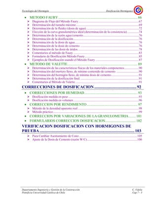 Tecnología del Hormigón Dosificación Hormigones
Departamento Ingeniería y Gestión de la Construcción C. Videla
Pontificia Universidad Católica de Chile Cap.7 - 3
• METODO FAURY........................................................................................66
Diagrama de Flujo del Método Faury..............................................................................67
Determinación del tamaño máximo.................................................................................69
Determinación de la fluidez (dosis de agua)....................................................................72
Elección de la curva granulométrica ideal (determinación de la consistencia). ..............74
Determinación de la razón agua/cemento........................................................................76
Determinación de la dosificación.....................................................................................76
Determinación de la dosis de agua...................................................................................76
Determinación de la dosis de cemento. ...........................................................................76
Determinación de las dosis de áridos...............................................................................78
Comentarios al método de Faury.....................................................................................83
Formulario de Dosificación Método Faury......................................................................85
Ejemplos de Dosificación usando el Método Faury ........................................................87
• METODO DE VALETTE..............................................................................89
Determinación de las características físicas de los materiales componentes...................90
Determinación del mortero lleno, de mínimo contenido de cemento..............................90
Determinación del hormigón lleno, de mínima dosis de cemento....................................91
Determinación de la dosificación final. ...........................................................................91
Comentarios al Método de Valette. .................................................................................91
CORRECCIONES DE DOSIFICACION .........................................92
• CORRECCIONES POR HUMEDAD...........................................................93
Dosificación medida en peso ...........................................................................................93
Dosificación medida en volumen.....................................................................................96
• CORRECCION POR RENDIMIENTO ........................................................97
Método de la densidad aparente real...............................................................................98
Método práctico...............................................................................................................99
• CORRECCION POR VARIACIONES DE LA GRANULOMETRIA........101
• FORMULARIOS CORRECCION DOSIFICACION..................................102
VERIFICACION DOSIFICACION CON HORMIGONES DE
PRUEBA............................................................................................103
Para Cambiar Asentamiento de Cono............................................................................105
Ajuste de la Dosis de Cemento (razón W/C).................................................................106
 