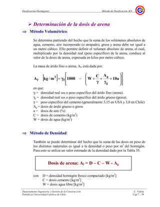 Dosificación Hormigones Método de Dosificación ACI
Departamento Ingeniería y Gestión de la Construcción C. Videla
Pontificia Universidad Católica de Chile Cap.7 - 59
Determinación de la dosis de arena
⇒⇒⇒⇒ Método Volumétrico:
Se determina partiendo del hecho que la suma de los volúmenes absolutos de
agua, cemento, aire incorporado (o atrapado), grava y arena debe ser igual a
un metro cúbico. Ello permite definir el volumen absoluto de arena, el cual,
multiplicado por la densidad real (peso específico) de la arena, conduce al
valor de la dosis de arena, expresada en kilos por metro cúbico.
La masa de árido fino o arena, Af, está dada por:
[ ]
















+++−= a10
AC
W1000mkgA
g
g
f
3
f
γγγγγγγγ
γγγγ/
en que:
γf = densidad real sss o peso específico del árido fino (arena).
γg = densidad real sss o peso específico del árido grueso (grava).
γ = peso específico del cemento (generalmente 3,15 en USA y 3,0 en Chile)
Ag = dosis de árido grueso o grava
a = dosis de aire (%)
C = dosis de cemento (kg/m3
)
W = dosis de agua (kg/m3
)
⇒⇒⇒⇒ Método de Densidad:
También se puede determinar del hecho que la suma de las dosis en peso de
los distintos materiales es igual a la densidad o peso por m3
del hormigón.
Para esto se utiliza un valor estimado de la densidad dado por la Tabla 35.
Dosis de arena: Af = D – C – W - Ag
con D = densidad hormigón fresco compactado [kg/m3
]
C = dosis cemento [kg/m3
]
W = dosis agua libre [kg/m3
]
 