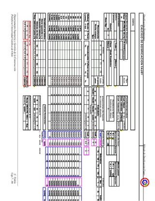 DosificaciónHormigonesMétododeDosificaciónFaury
DepartamentoIngenieríayGestióndelaConstrucciónC.Videla
PontificiaUniversidadCatólicadeChileCap.7-86
CALCULODEDOSIFICACIONFAURY
EspecificaciónHormigón:TipoCondicionesobra
ClaseR28(Mpa)FD(%)Tm(mm)Cono(cm)Horm.Coef.Estad.t=FALSO
HDesv.estándars(Mpa)s
Materiales:Coef.VariaciónCV(%)#¡DIV/0!Coef.deFauryEfectopared
Aditivo%aire1MarcaARecomendadosSupuestoRecomendadosSupuesto
CementoResistenciaMediaK=KP=0,8
Grado:ClasePortl.PuzolánicoDosificación(Mpa)K'=K'A=0,0000
K=0MarcaC0M=M-48
Peso.Esp.γ=
AridosNªCombi-CurvasFauryCalculos
GMF1F2nadoenvolumenabsolutorealidealRetenidosRet.Indice
Procedencia:enpesoGCalculado¯G¯M¯F1¯F2¯IGM
Fechaensayo:pesogmf1f2cVerif.M
Tipo:FALSOFALSOFALSO0,000#########0
Supuesto
MallasEscalaI.Pond.Granulometría(%Pasaenpeso)gmf1f2cVerif.Z(%)t1
t(mm)t^0.2i%%%%%#######¡DIV/0!####0,00
752,371#¡DIV/0!000##############100
502,1870,038#¡DIV/0!000##############100000000,0000,
402,0910,054#¡DIV/0!000##############10000000,0000,0000,
251,9040,087#¡DIV/0!000##############10000000,0000,0000,
201,8210,119#¡DIV/0!000##############10000000,0000,0000,
12,51,6570,152#¡DV/0!000##############10000000,0000,0000,
101,5850,189#¡DIV/0!000##############10000000,0000,0000,
5,01,3800,246#¡DIV/0!000##############10000000,0000,0000,
2,51,2010,340#¡DIV/0!000##############10000000,0000,0000,
1,2501,0460,496#¡DIV/0!000##############10000000,0000,0000,
0,6300,9120,664#¡DIV/0!000##############10000000,0000,0000,
0,3150,7940,730#¡DIV/0!000##############10000000,0000,0000,
0,1600,6930,774#¡DV/0!000##############10000000,0000,0000,
0,00650,3650,955010000000,0000,0000,
00000
Densidadrealáridos#¡DIV/0!ndicesPonderales####0,000,0000,
Dens.aparentec.s.#¡DIV/0!Verificación
Absorciónáridos(%)#¡DIV/0!EstimacióndosisW(-R)=#########
Módulodefinura10101010#¡DIV/0!KAhW
Prop.áridosenpeso(%)#¡DV/0!#¡DV/0!#############¡DIV/0!G0,000,0######¡DV/0!
Dosificación(kg/m^3):EstimaciónrazónW/C
WCGMF1F2DensidadFauryNCh170Máx.Sup.
#¡DV/0!#######¡DV/0!#¡DV/0!#############¡DIV/0!DF#####0,000
OBRA
proporcionesdemezcla
 