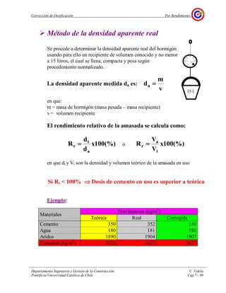 Corrección de Dosificación Por Rendimiento
Departamento Ingeniería y Gestión de la Construcción C. Videla
Pontificia Universidad Católica de Chile Cap.7 - 98
Método de la densidad aparente real
Se procede a determinar la densidad aparente real del hormigón
usando para ello un recipiente de volumen conocido y no menor
a 15 litros, el cual se llena, compacta y pesa según
procedimiento normalizado.
La densidad aparente medida da es:
v
m
da ====
en que:
m = masa de hormigón (masa pesada – masa recipiente)
v = volumen recipiente
El rendimiento relativo de la amasada se calcula como:
(%)100x
d
d
R
a
t
r ==== o (%)100x
V
V
R
t
a
r ====
en que dt y Vt son la densidad y volumen teórico de la amasada en uso
Si Rr < 100% ⇒⇒⇒⇒ Dosis de cemento en uso es superior a teórica
Ejemplo:
Dosificación (kg/m3
)
Materiales
Teórica Real Corregida
Cemento 350 352 350
Agua 180 181 180
Aridos 1890 1904 1907
Densidad (kg/m3
) 2420 2437 2437
15 l.
 