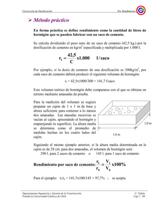 Corrección de Dosificación Por Rendimiento
Departamento Ingeniería y Gestión de la Construcción C. Videla
Pontificia Universidad Católica de Chile Cap.7 - 99
Método práctico
En forma práctica se define rendimiento como la cantidad de litros de
hormigón que se pueden fabricar con un saco de cemento.
Se calcula dividiendo el peso neto de un saco de cemento (42,5 kg.) por la
dosificación de cemento en kg/m3
especificada y multiplicada por 1.000 l.
saco/l000.1x
C
5,42
rt ====
Por ejemplo, si la dosis de cemento de una dosificación es 300kg/m3
, por
cada saco de cemento deberá producir el siguiente volumen de hormigón:
rt = 42,5x1000/300 = 141,7 l/saco
Este volumen teórico de hormigón debe compararse con el que se obtiene en
terreno mediante amasadas de prueba.
Para la medición del volumen se sugiere
preparar un cajón de 1 x 1 m de base y
altura suficiente para contener a lo menos
dos amasadas. Las masadas sucesivas se
vacían al cajón, apisonándo el hormigón y
emparejando la superficie. La altura media
se determina como el promedio de
medidas hechas en los cuatro lados del
cajón.
Siguiendo el mismo ejemplo anterior, si la altura media determinada en le
cajón es de 28 cm. para dos amasadas, el volumen de hormigón será:
290 l. para 2 sacos de cemento o 145 l. para 1 saco de cemento
Rendimiento por saco de cemento: %100x
V
V
r
r
a
t
a
t
====
Para el ejemplo: rt/ra = 141,7x100/145 = 97,7% ; se acepta.
1,0 m
1,0 m
 