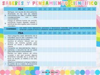 SABERES Y PENSAMIENTO CIENTÍFICO
PDA AGO SEP OCT NOV DIC ENE FEB MAR ABR MAY JUN JUL
III
Distingue, con ayuda de otras personas,
situaciones en las que los saberes
comunitarios son útiles y cuándo deben
complementarse con otros
conocimientos.
III
Indaga en distintas fuentes de consulta,
incluyendo medios digitales, saberes y
prácticas de otros lugares para cuidar la
naturaleza.
CONTENIDO
Los seres vivos: elementos, procesos y fenómenos naturales que ofrecen oportunidades para
entender y explicar hechos cotidianos, desde distintas perspectivas.
PDA AGO SEP OCT NOV DIC ENE FEB MAR ABR MAY JUN JUL
I
Hace preguntas sobre elementos de la
naturaleza que le dan curiosidad, y las
enriquece con las de sus pares.
I
Examina el entorno natural con sus
sentidos, de manera guiada, para
resolver sus dudas y aprender cosas
nuevas.
I
Comparte sus descubrimientos, ideas y
opiniones, y escucha las de sus pares
para crear nuevos conocimientos.
I
Plantea sus ideas acerca de cómo
suceden y por qué ocurren algunos
fenómenos naturales de su entorno: la
lluvia, el arcoíris, la neblina o las olas,
entre otros.
I
Observa y nombra en su lengua materna
las partes de su cuerpo, en situaciones
cotidianas intuye su funcionamiento.
 