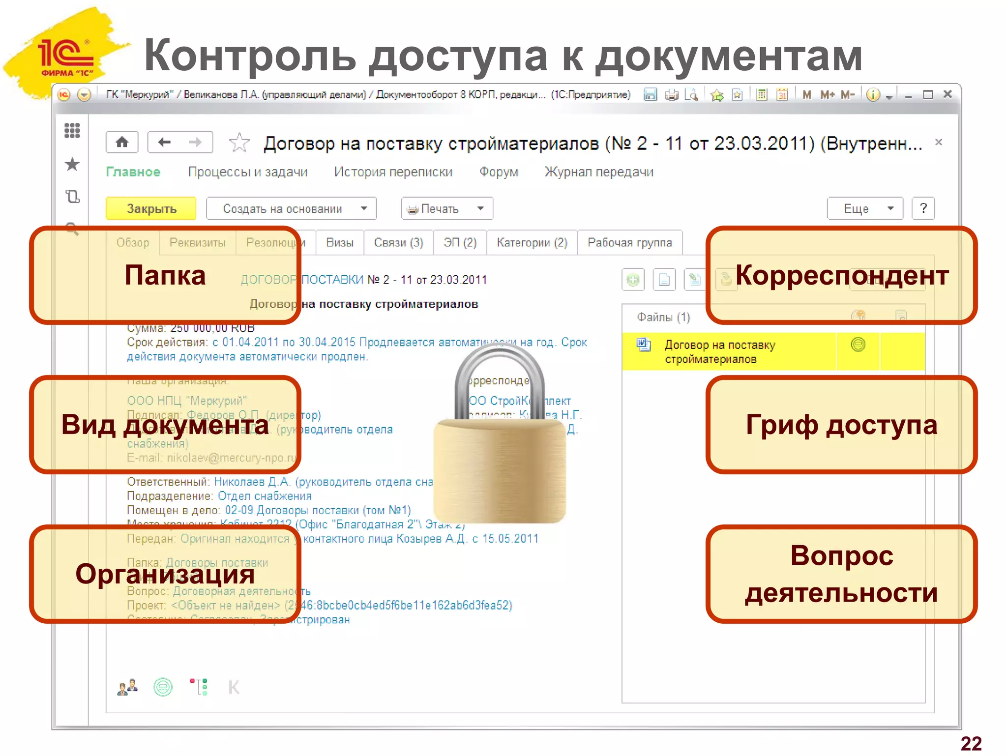 Контроль доступа к документам
22
Папка
Организация
Вид документа Гриф доступа
Вопрос
деятельности
Корреспондент
 