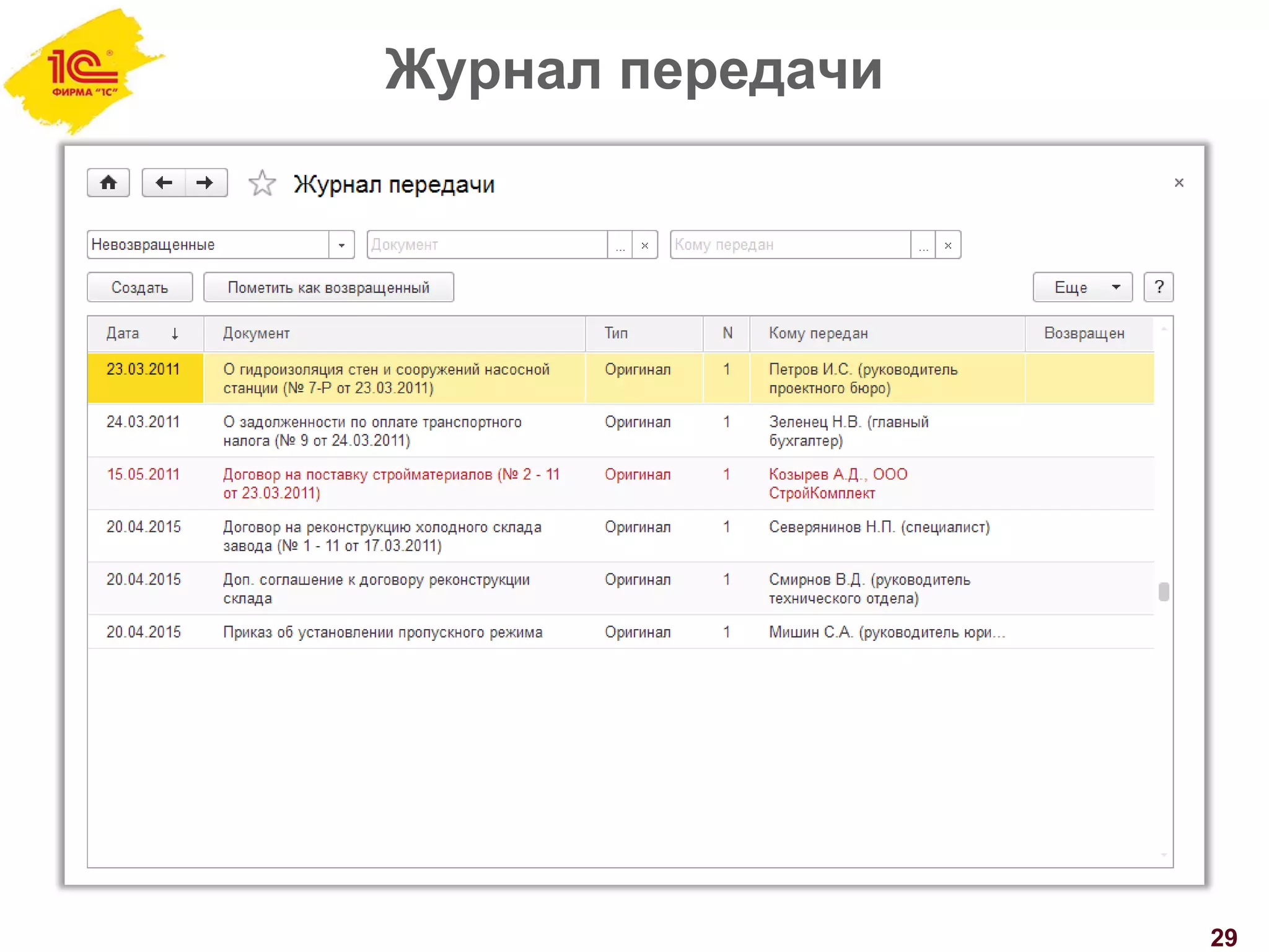 Журнал передачи
29
 