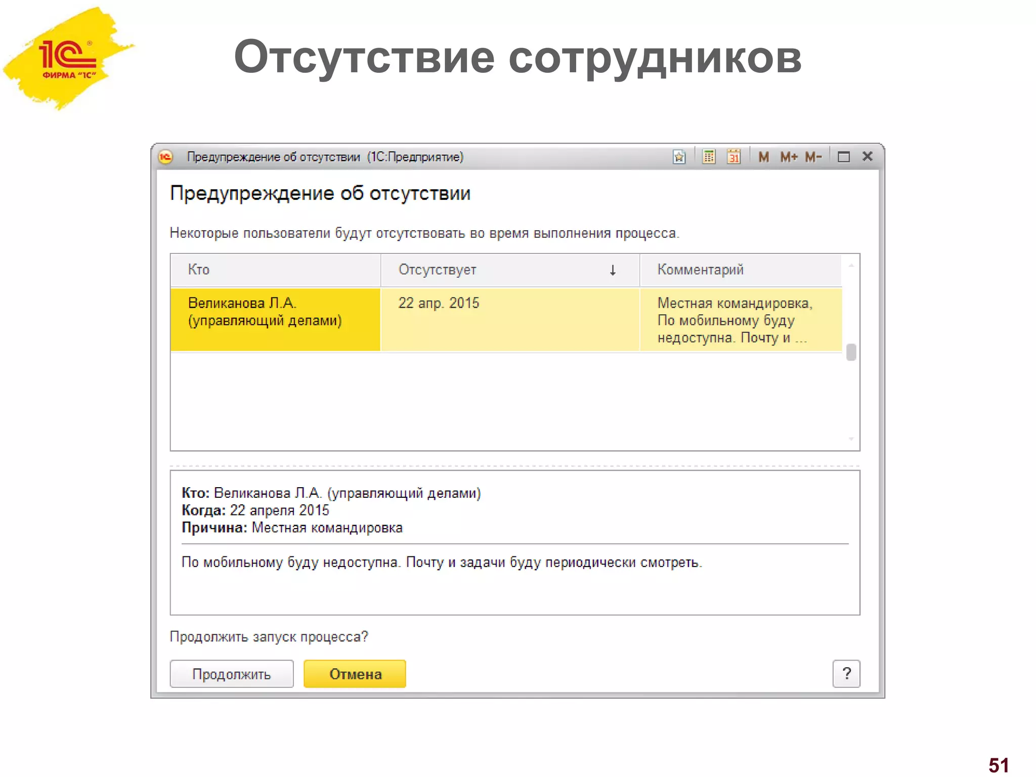 Отсутствие сотрудников
51
 